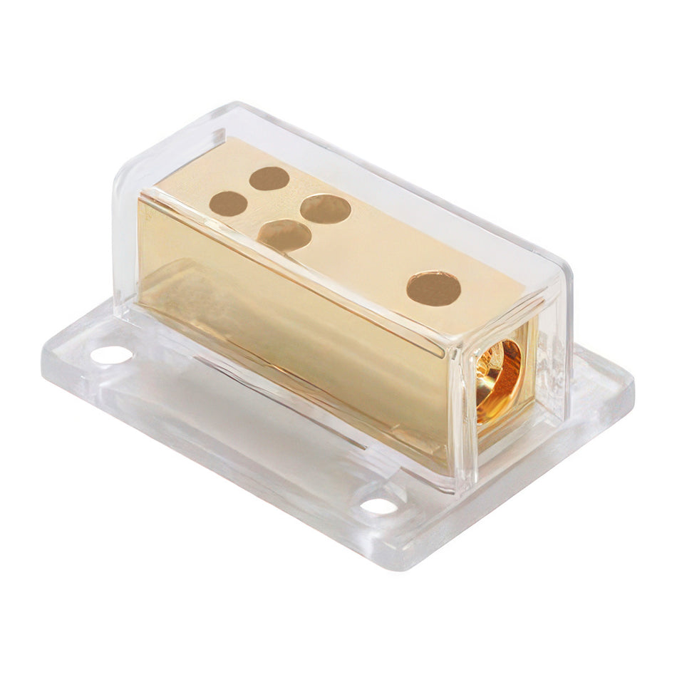 Gold Distribution Block with (1) 4 AWG input and (4) 8 AWG outputs, Rectangular Shape 1 Pc.