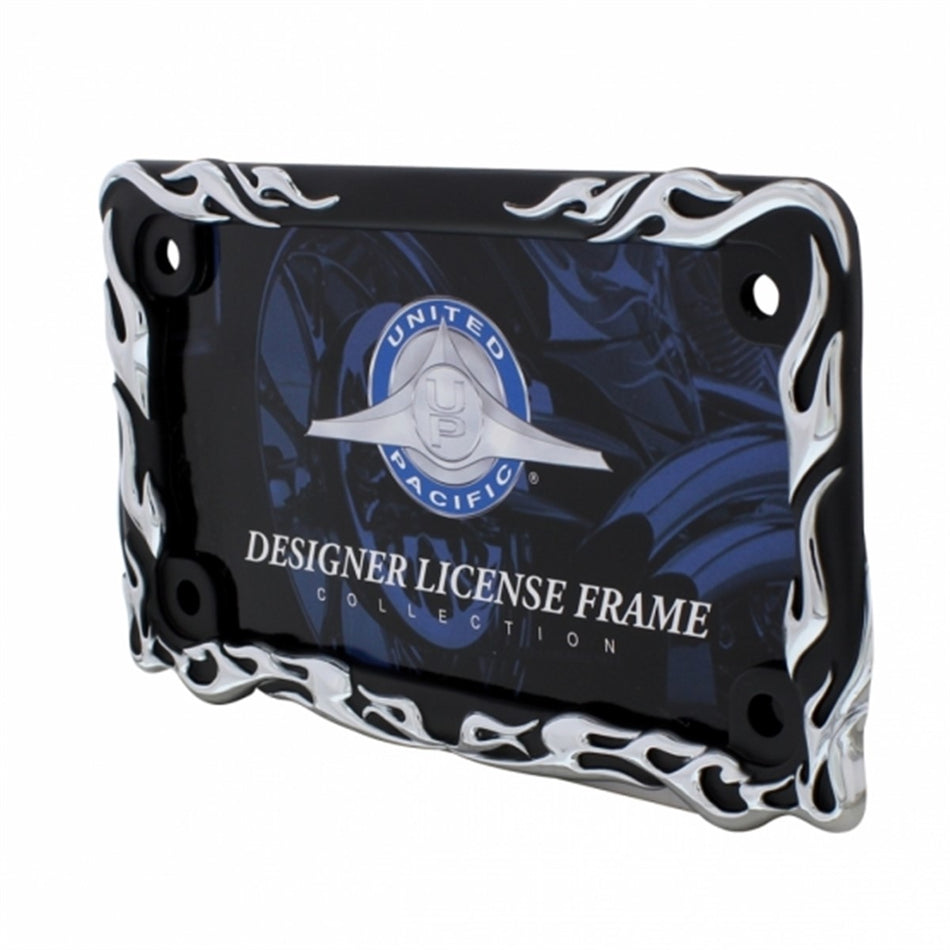 Motorcycle License Plate Frame - Chrome Flame/Black Frame